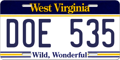WV license plate DOE535