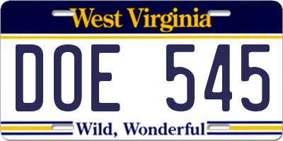 WV license plate DOE545