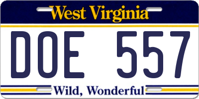 WV license plate DOE557