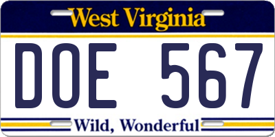 WV license plate DOE567