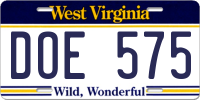 WV license plate DOE575