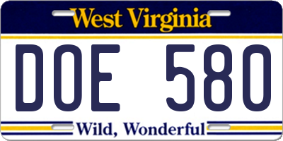 WV license plate DOE580
