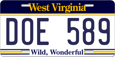 WV license plate DOE589