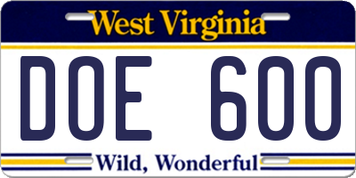 WV license plate DOE600