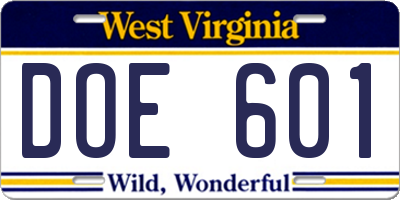 WV license plate DOE601