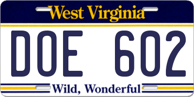 WV license plate DOE602