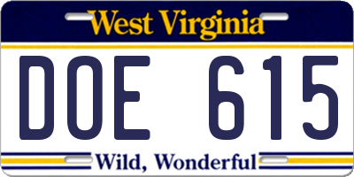 WV license plate DOE615