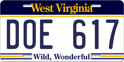 WV license plate DOE617