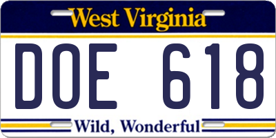 WV license plate DOE618