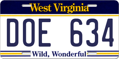 WV license plate DOE634