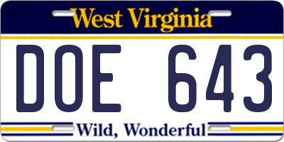 WV license plate DOE643