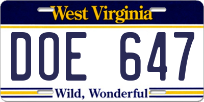 WV license plate DOE647