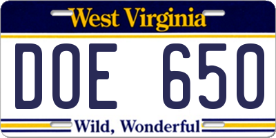 WV license plate DOE650