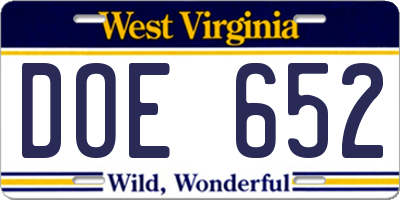 WV license plate DOE652