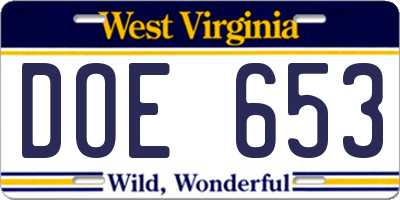 WV license plate DOE653