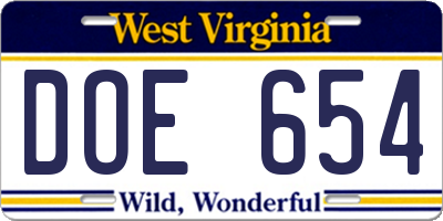 WV license plate DOE654