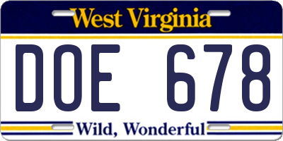 WV license plate DOE678