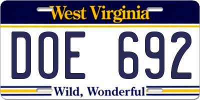 WV license plate DOE692