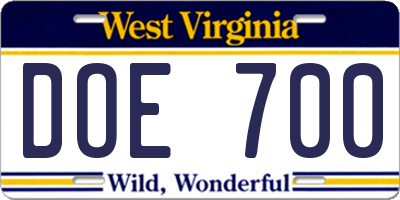 WV license plate DOE700