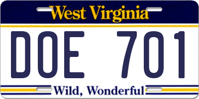 WV license plate DOE701