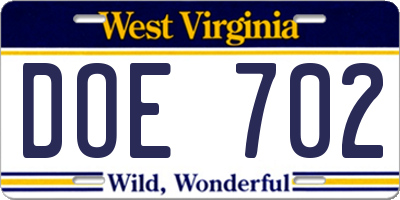 WV license plate DOE702