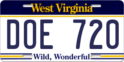 WV license plate DOE720