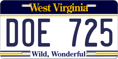 WV license plate DOE725