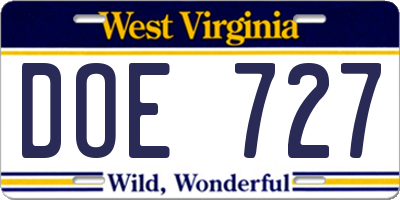 WV license plate DOE727
