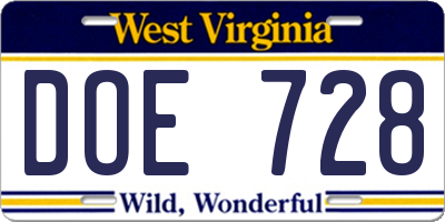WV license plate DOE728