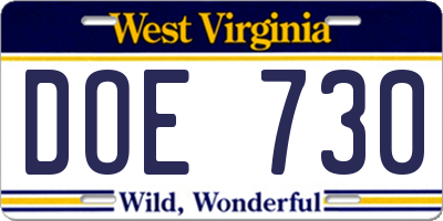 WV license plate DOE730