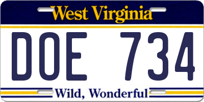 WV license plate DOE734