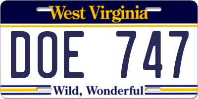 WV license plate DOE747