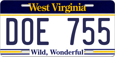 WV license plate DOE755