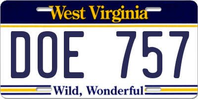 WV license plate DOE757