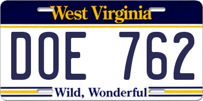 WV license plate DOE762