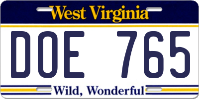 WV license plate DOE765