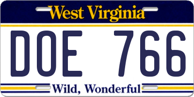 WV license plate DOE766