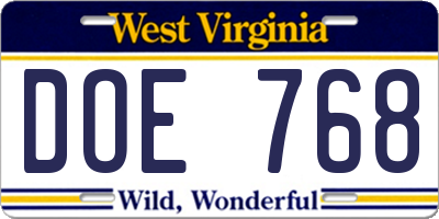 WV license plate DOE768