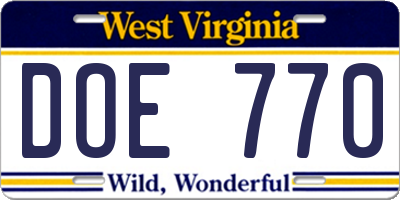 WV license plate DOE770