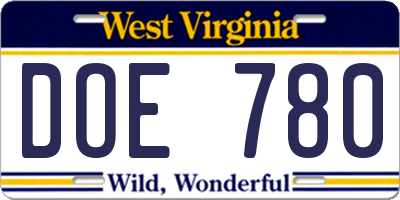 WV license plate DOE780