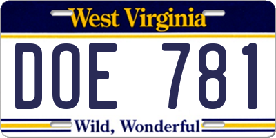 WV license plate DOE781