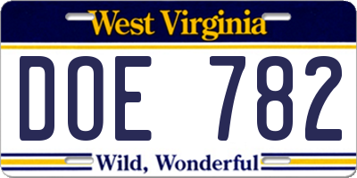 WV license plate DOE782