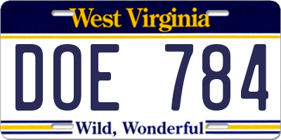 WV license plate DOE784