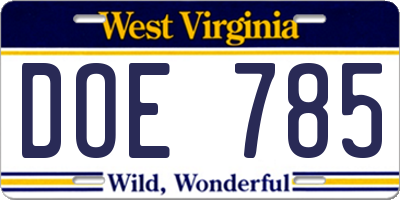 WV license plate DOE785