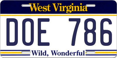 WV license plate DOE786