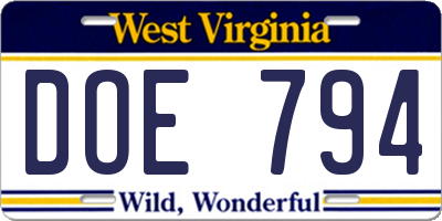 WV license plate DOE794