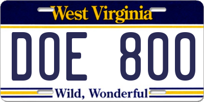 WV license plate DOE800