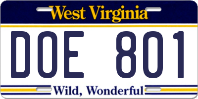 WV license plate DOE801
