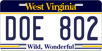 WV license plate DOE802