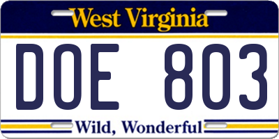 WV license plate DOE803
